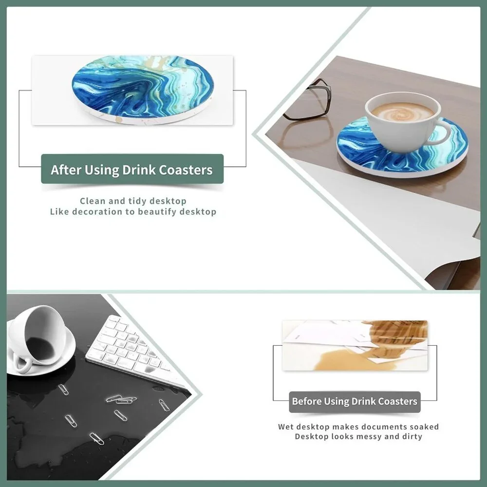Ceramic Marble Coasters, 6 Sets of Round Tea Coasters with Holder on Dark Blue W